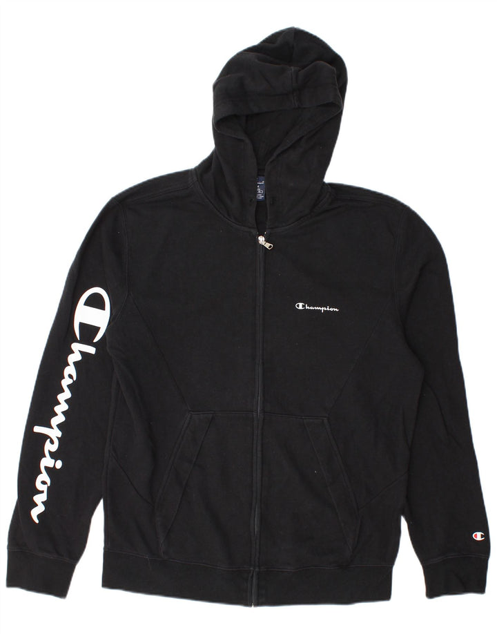 Felpa con cappuccio e zip grafica Champion da uomo grande nera