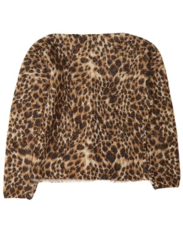 Maglione cardigan da donna vintage UK 10 piccola stampa animalier marrone