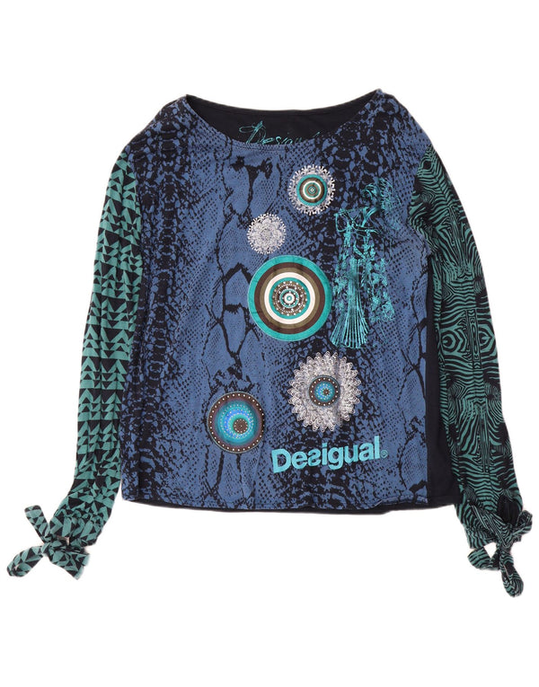 DESIGUAL Top grafico da donna manica lunga UK 18 XL viscosa blu con stampa animalier
