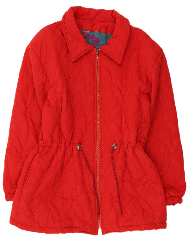 Cappotto vintage trapuntato a vento da donna UK 14 Viscosa rossa media