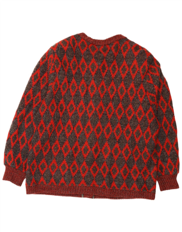 Maglione cardigan oversize da donna VINTAGE UK 16 Lana geometrica rossa grande