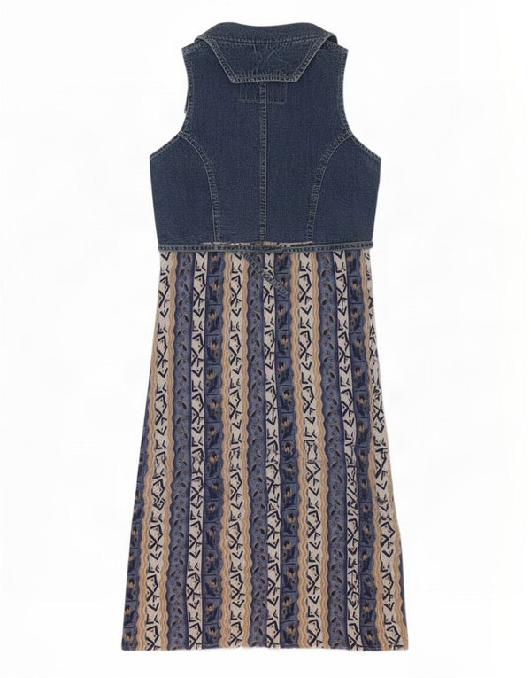 Abito vintage in denim senza maniche da donna UK 12 blu medio floreale