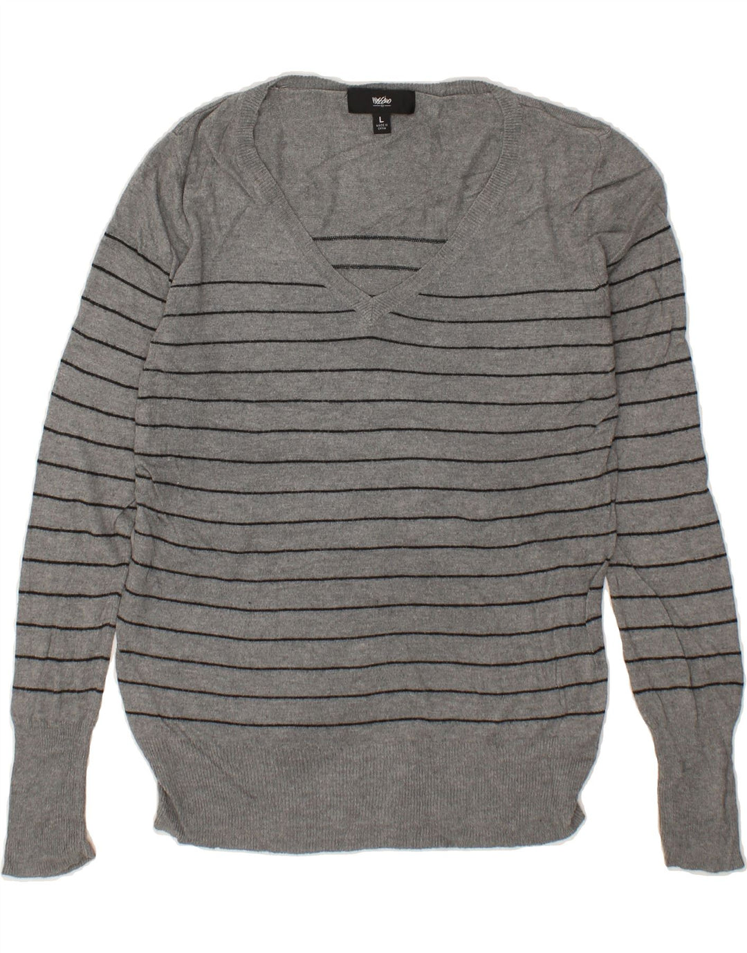 MOSSIMO Womens V-Neck Jumper Sweater UK 14 Large Grey Striped Nylon Vintage Mossimo and Second-Hand Mossimo from Messina Hembry 