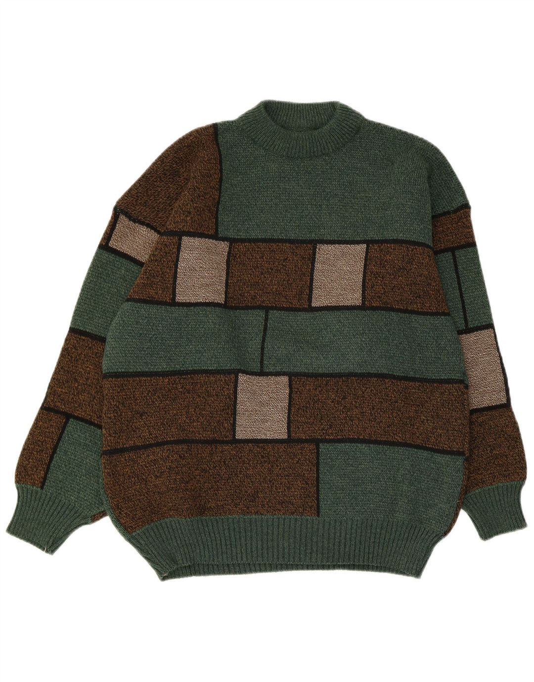 Maglione vintage da uomo con collo alto e color block verde medio