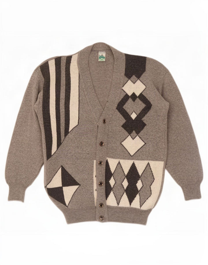 Maglione cardigan da uomo Shetland in lana geometrica grigio medio