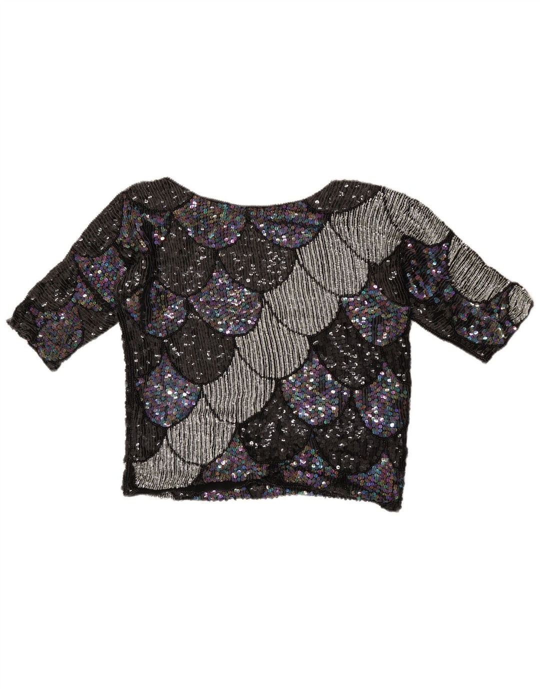 Camicetta vintage da donna corta con maniche a 3/4 UK 14 medio nero geometrico