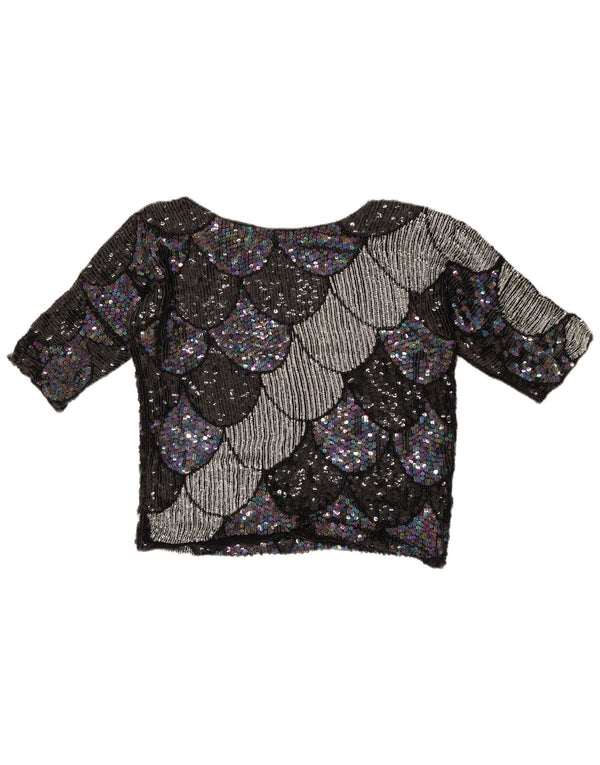 Camicetta vintage da donna corta con maniche a 3/4 UK 14 medio nero geometrico