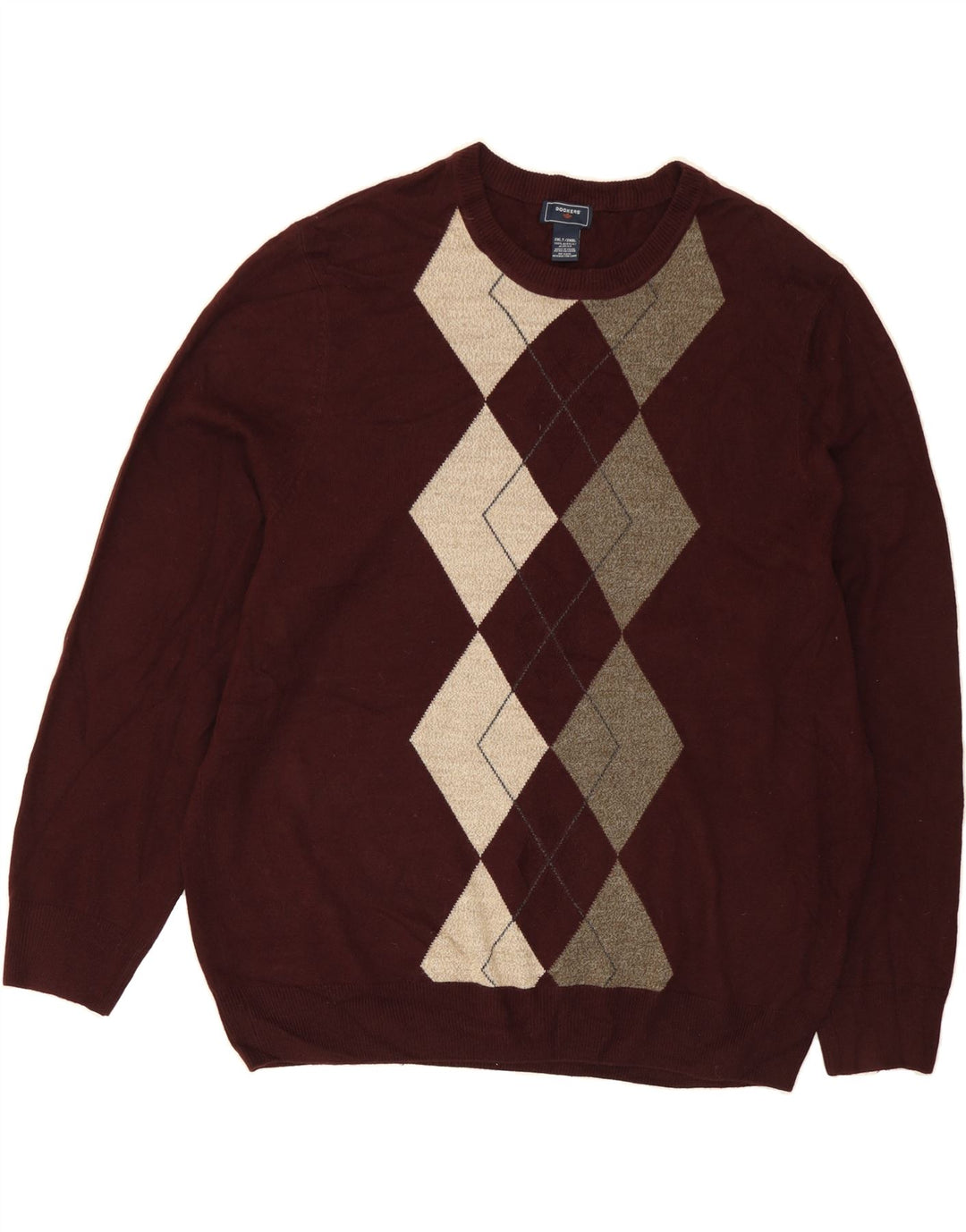 DOCKERS Mens Crew Neck Jumper Sweater 2XL Maroon Argyle/Diamond Acrylic Vintage Dockers and Second-Hand Dockers from Messina Hembry 