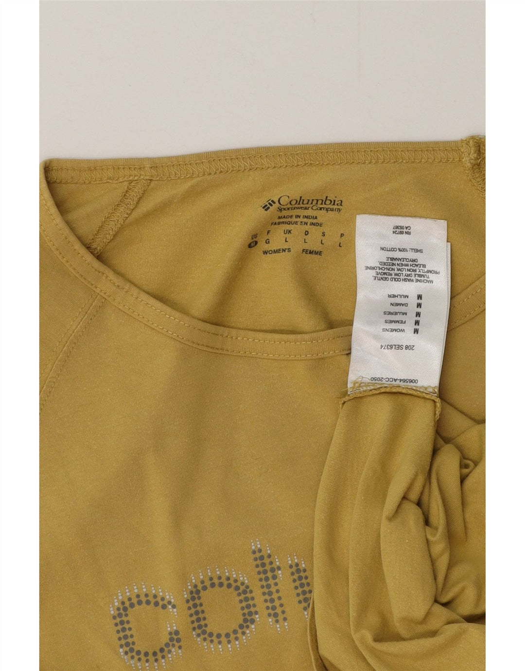 COLUMBIA Top grafico da donna manica lunga UK 14 grande cotone giallo