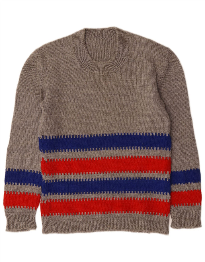 Maglione maglione girocollo da donna vintage UK 14 a righe grigio medio