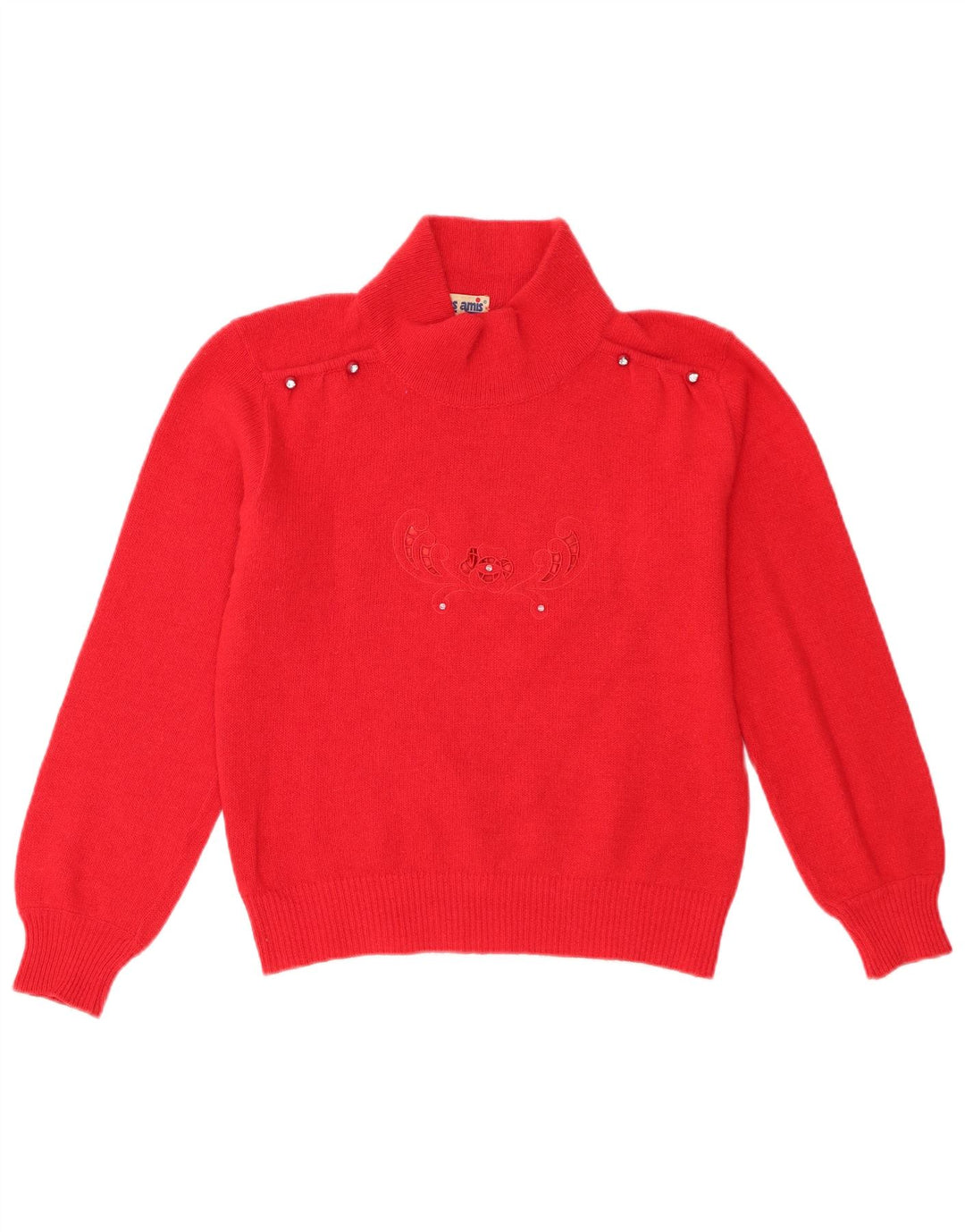 Maglione maglione collo alto da donna vintage UK 12 Lana floreale rossa media
