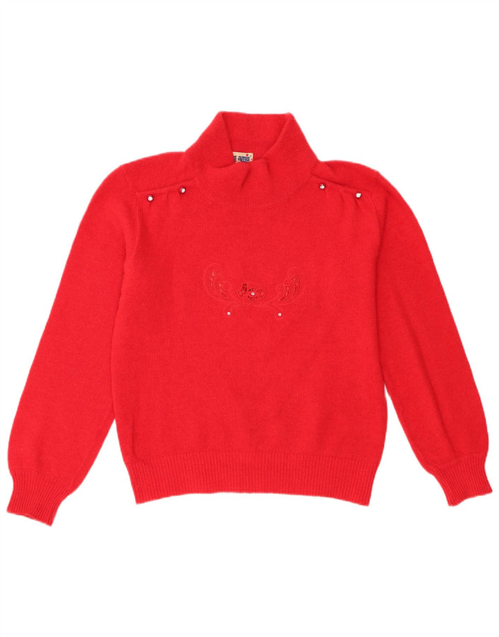 Maglione maglione collo alto da donna vintage UK 12 Lana floreale rossa media