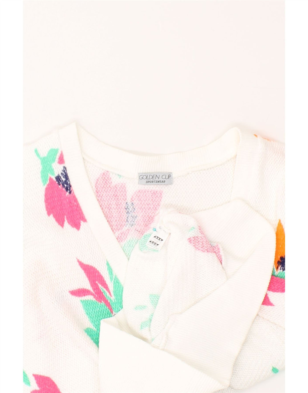 GOLDEN CUP Womens V-Neck Jumper Sweater EU 38 Medium White Floral Vintage Golden Cup and Second-Hand Golden Cup from Messina Hembry 
