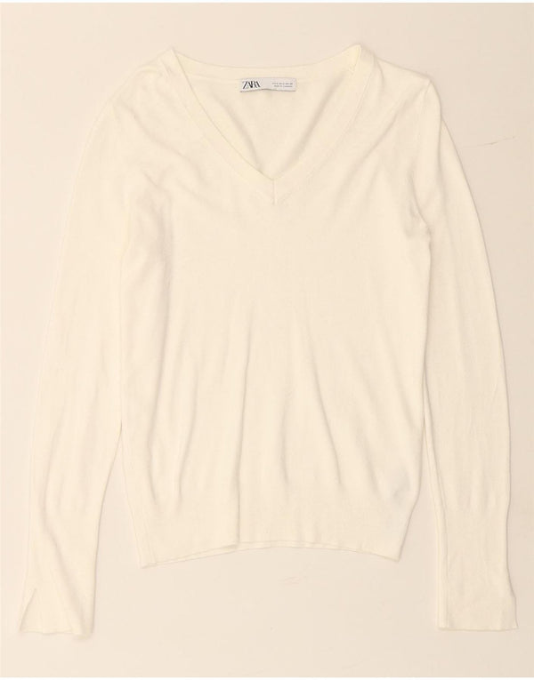 Maglione ZARA da donna con scollo a V UK 10 piccolo in viscosa bianca