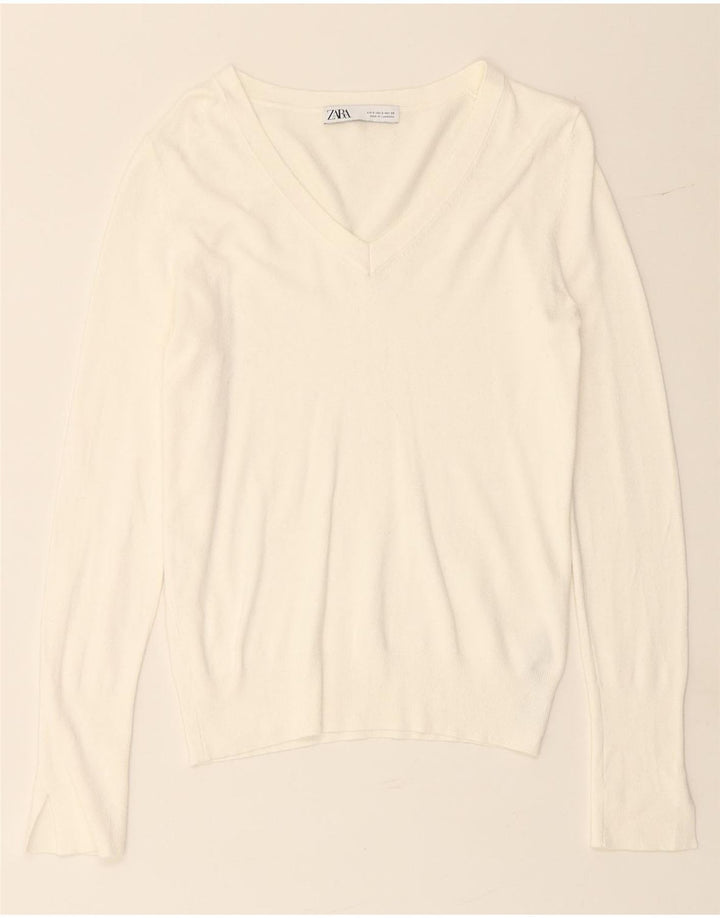 Maglione ZARA da donna con scollo a V UK 10 piccolo in viscosa bianca