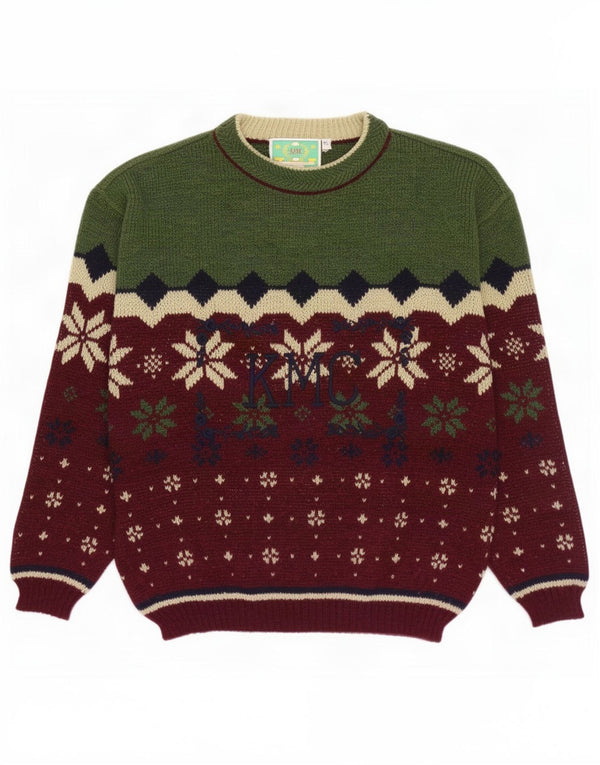 Vintage Mens Crew Neck Jumper Sweater XL Green Fair Isle Wool