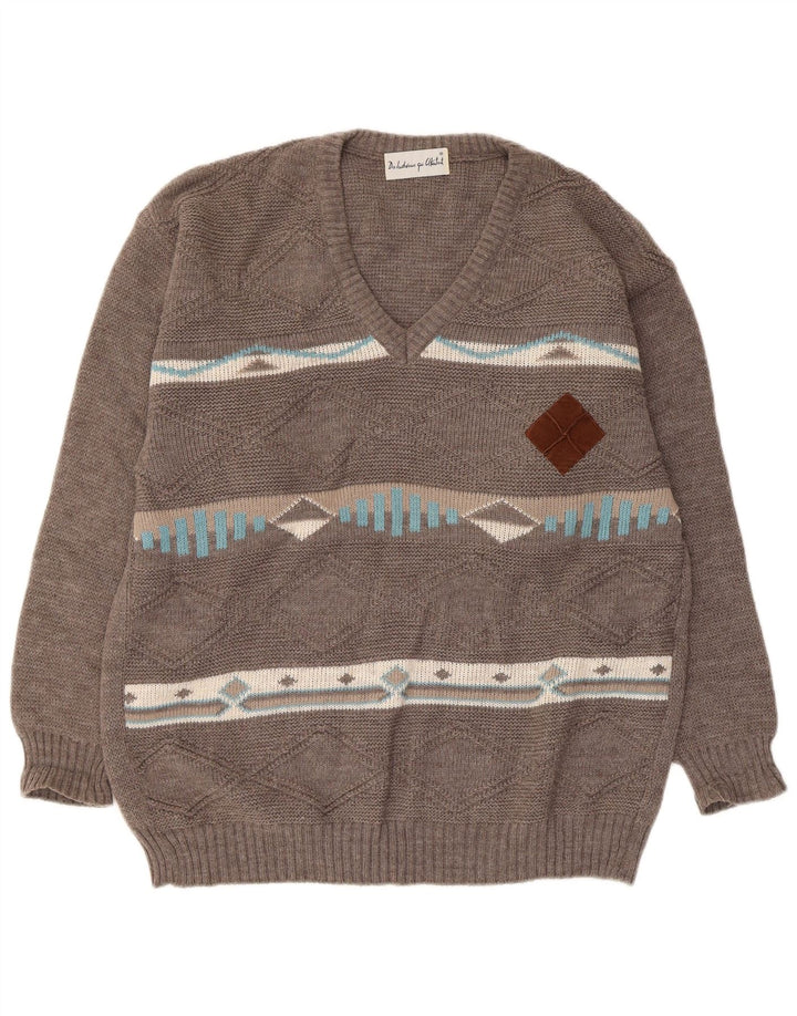 Maglione vintage da uomo con scollo a V, lana a rombi/diamante grigio medio