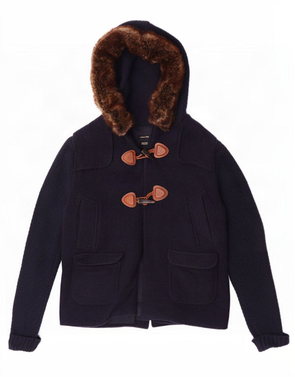 Massimo Dutti Womens Hooded Duffle Jacket UK 10 Small Navy Blue Wool