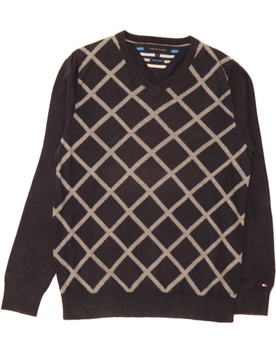 TOMMY HILFIGER Mens V-Neck Jumper Sweater Medium Navy Blue Argyle/Diamond Vintage Tommy Hilfiger and Second-Hand Tommy Hilfiger from Messina Hembry 