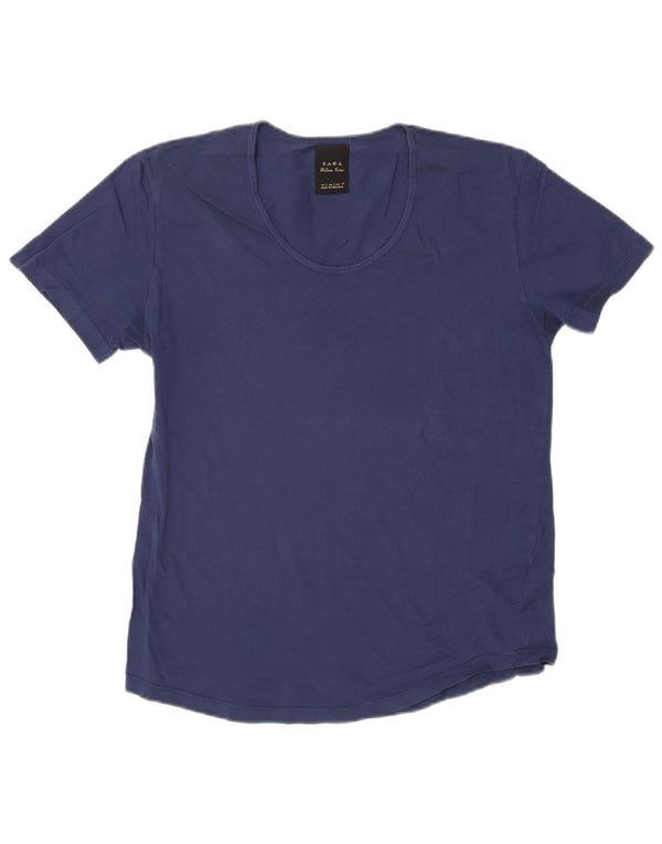 ZARA T-shirt da donna Top UK 14 Large Blu Navy in cotone