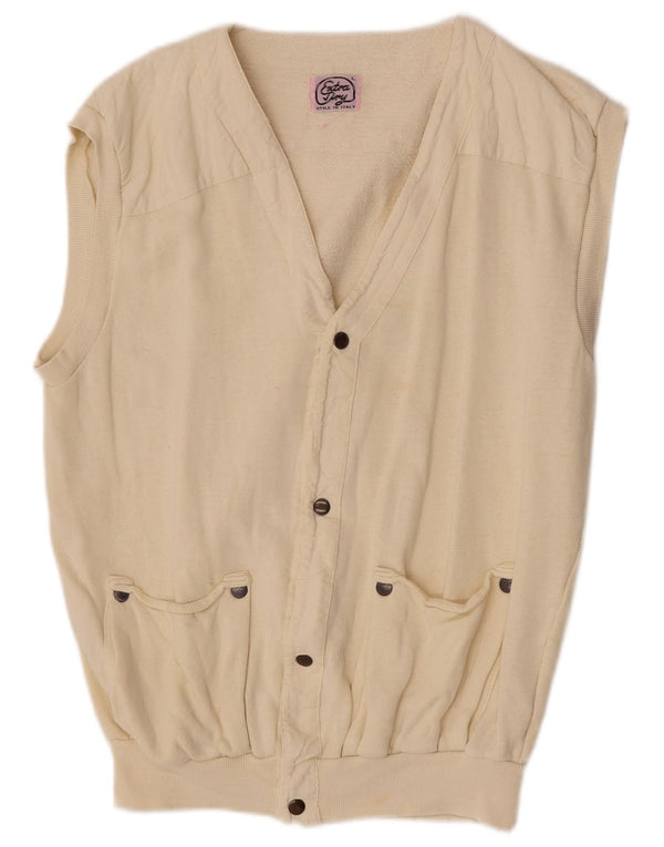 Maglione cardigan senza maniche vintage da uomo grande in cotone bianco sporco