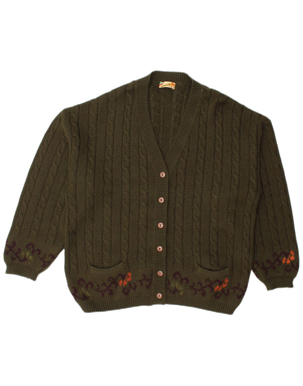 Maglione cardigan oversize da donna vintage UK 16 grande lana kaki Paisley
