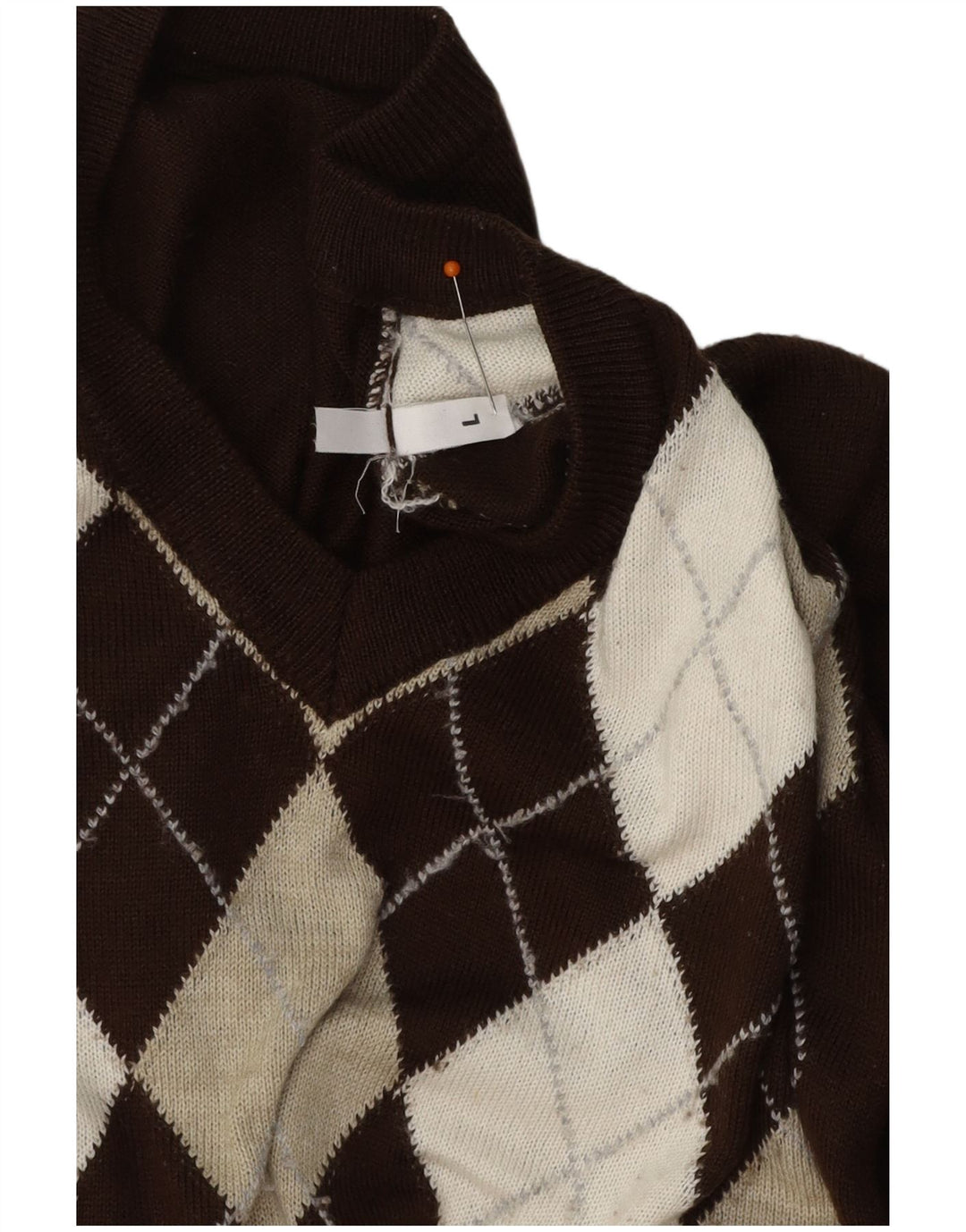 VINTAGE Mens V-Neck Jumper Sweater Large Brown Argyle/Diamond