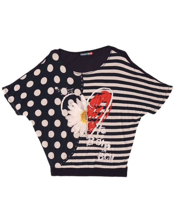 Desigual Top con camicetta a pipistrello grafica per ragazze 13-14 anni a righe blu navy