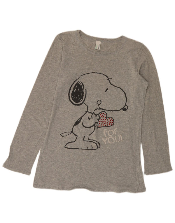 BENETTON Top grafico da donna Peanuts manica lunga UK 6 XS cotone grigio