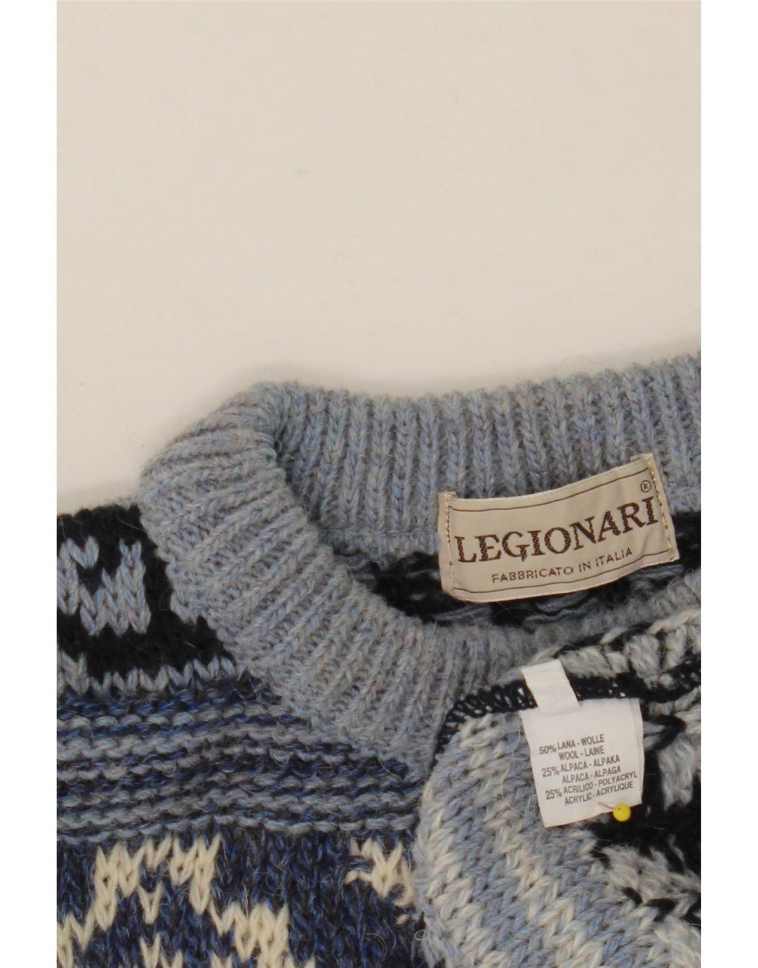 Maglione maglione girocollo da uomo vintage IT 48 lana Fair Isle blu medio