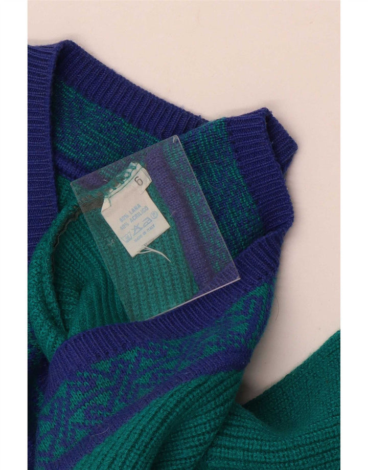 Maglione vintage da uomo con scollo a V, grande lana geometrica verde