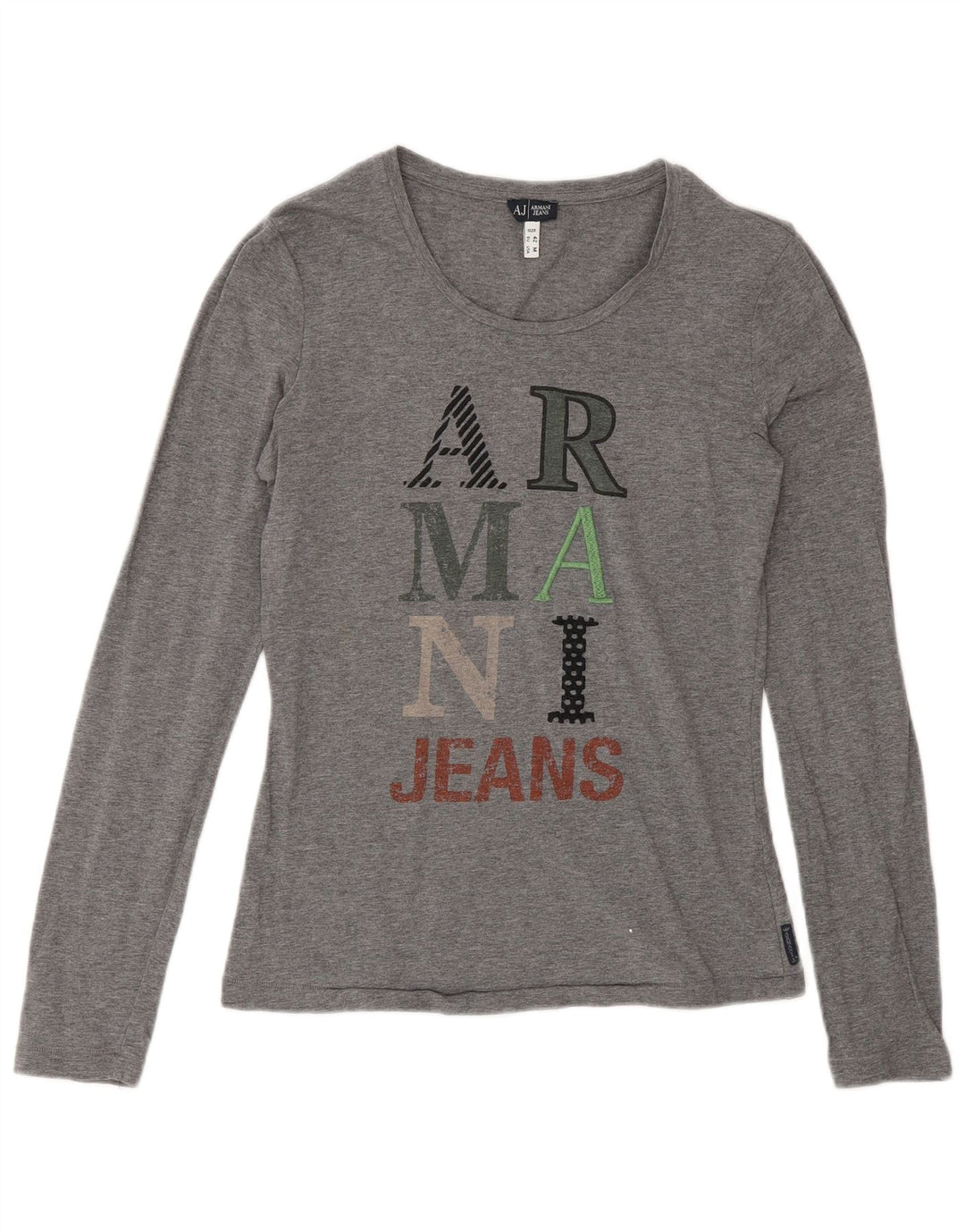 Armani Jeans Top grafico da donna manica lunga UK 12 Cotone grigio medio