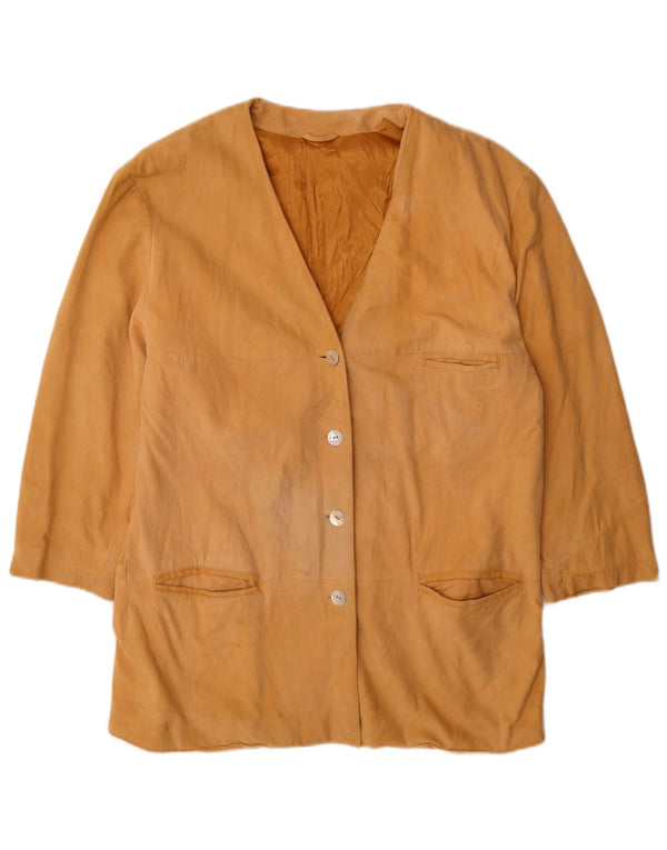 Giacca blazer vintage da donna in pelle scamosciata a 4 bottoni EU 42 grande beige
