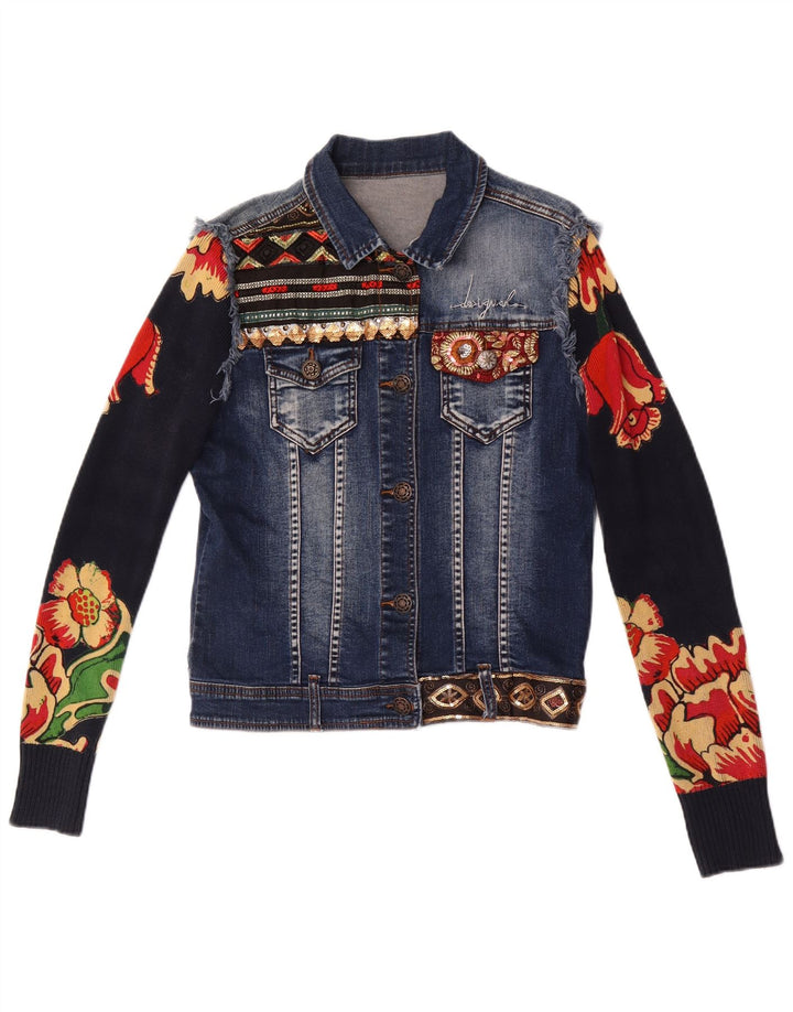 Desigual Giacca in denim grafico da donna EU 38 Cotone floreale medio blu navy