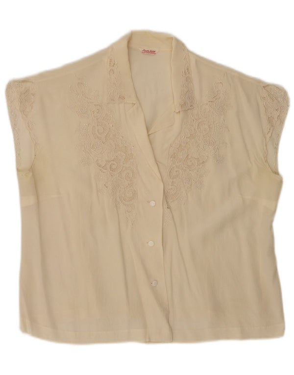 Camicetta camicia senza maniche vintage da donna EU 40 seta floreale bianco sporco medio