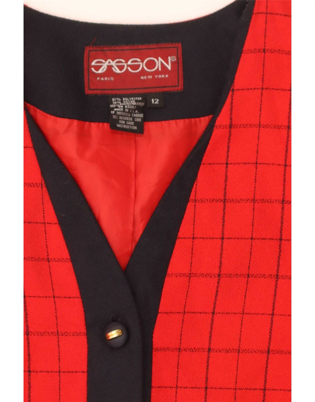 Giacca blazer vintage da donna a 4 bottoni US 12 grande poliestere a quadri rossi