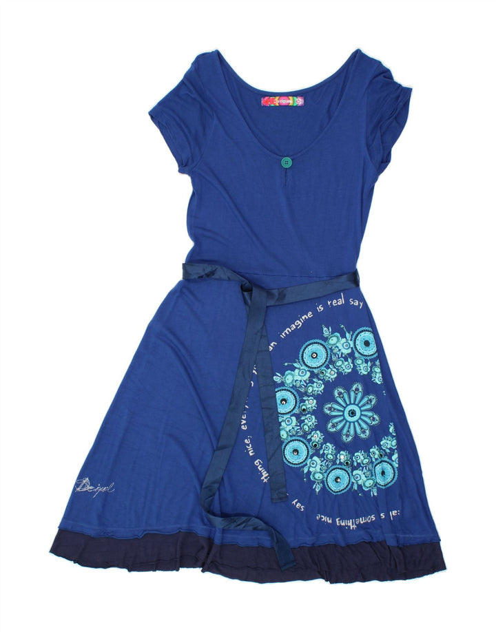 DESIGUAL Womens Graphic Basic Dress UK 12 Medium Blue Floral Viscose Vintage Desigual and Second-Hand Desigual from Messina Hembry 