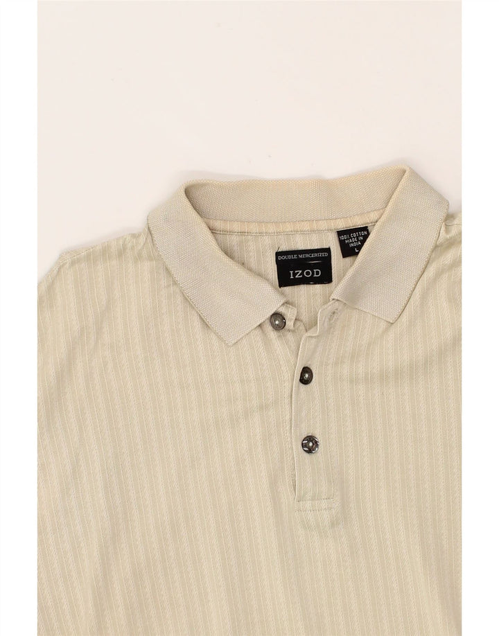 IZOD Mens Polo Shirt Large Beige Striped Cotton Vintage Izod and Second-Hand Izod from Messina Hembry 