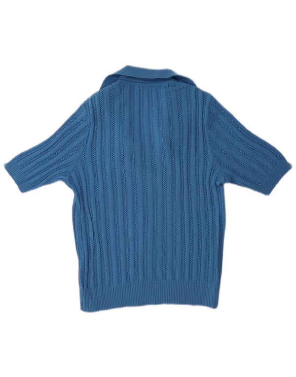 Maglione vintage da donna a maniche corte con collo a polo IT 40 piccolo in lana blu