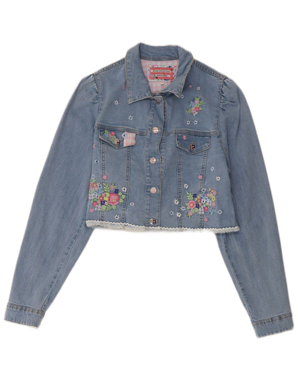 Giacca vintage in denim con grafica corta per ragazze 13-14 anni in cotone floreale blu