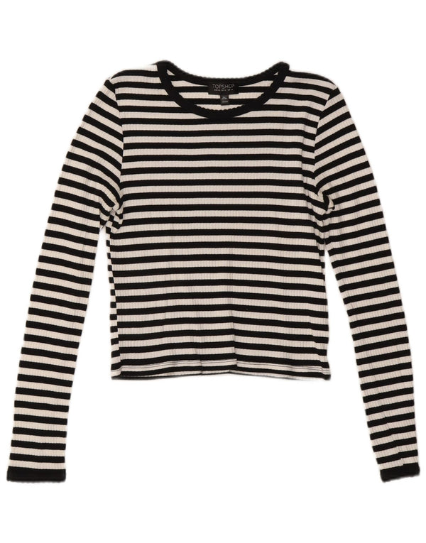 Topshop Donna Crop Top Manica Lunga UK 14 Cotone Medio a Righe Nere