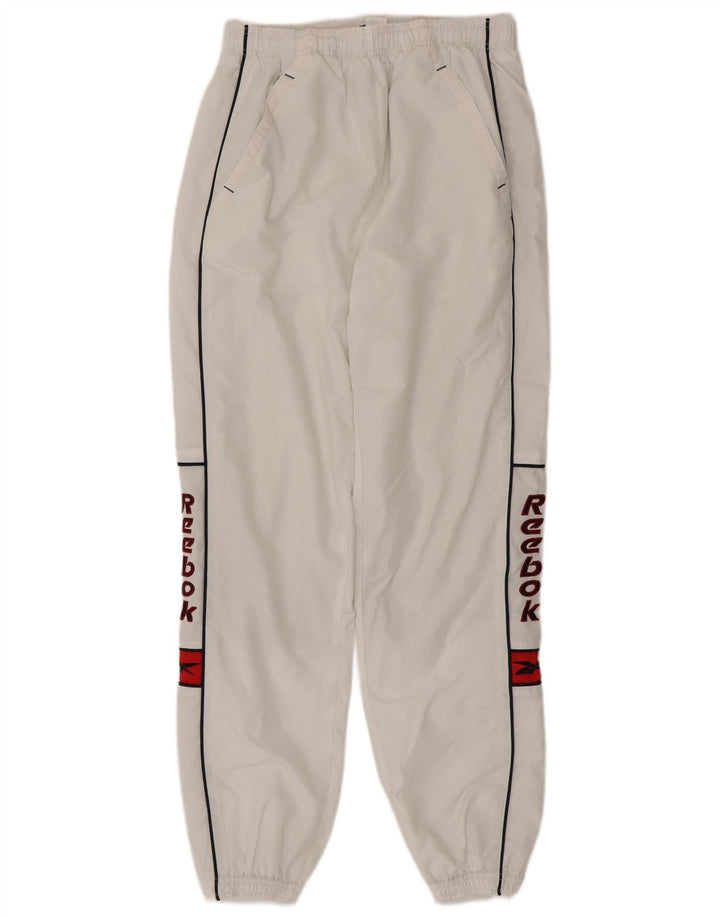 Pantaloni da tuta con grafica Reebok da uomo, pantaloni da jogging, piccoli, in poliestere bianco