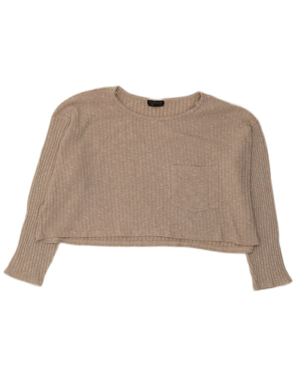 Topshop Donna Crop Top oversize manica lunga UK 12 Beige medio screziato