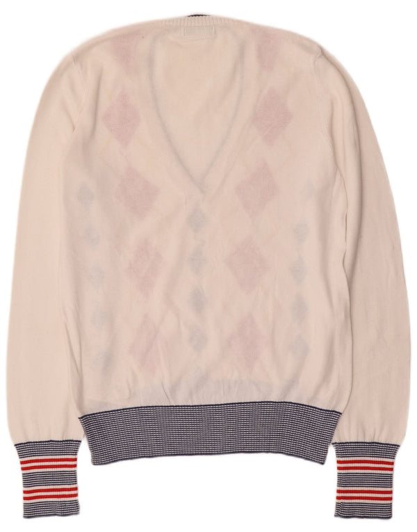 Maglione da donna con scollo a V Benetton UK 14 Large White Argyle/Diamond