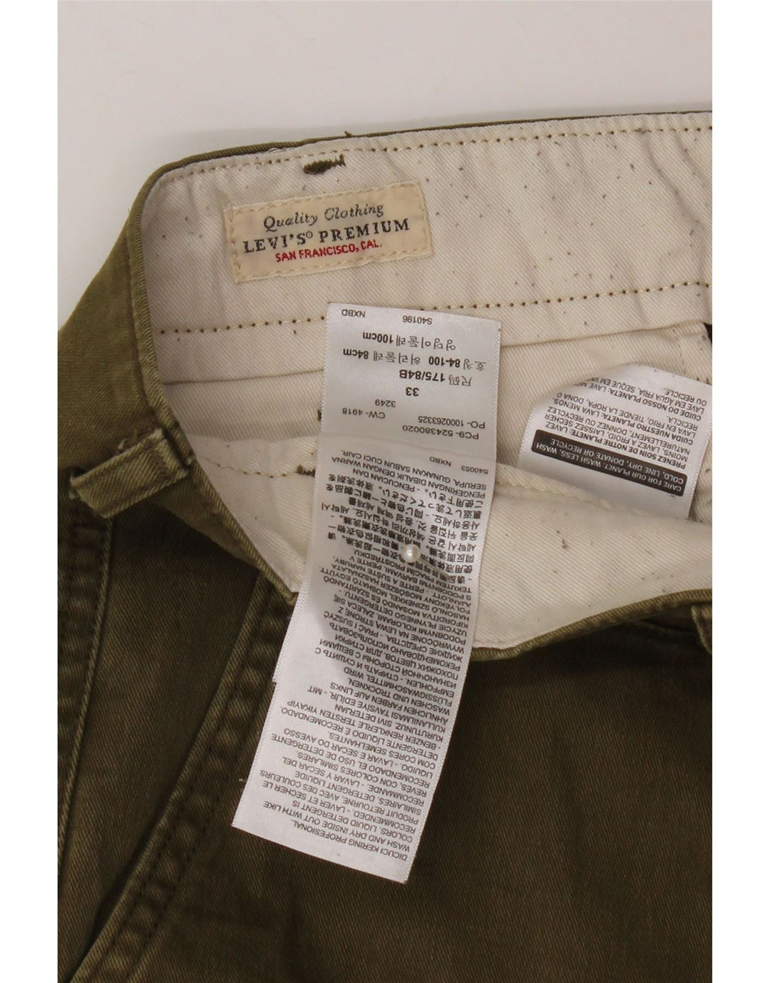 Pantaloncini chino da uomo LEVI'S W33 cotone kaki medio
