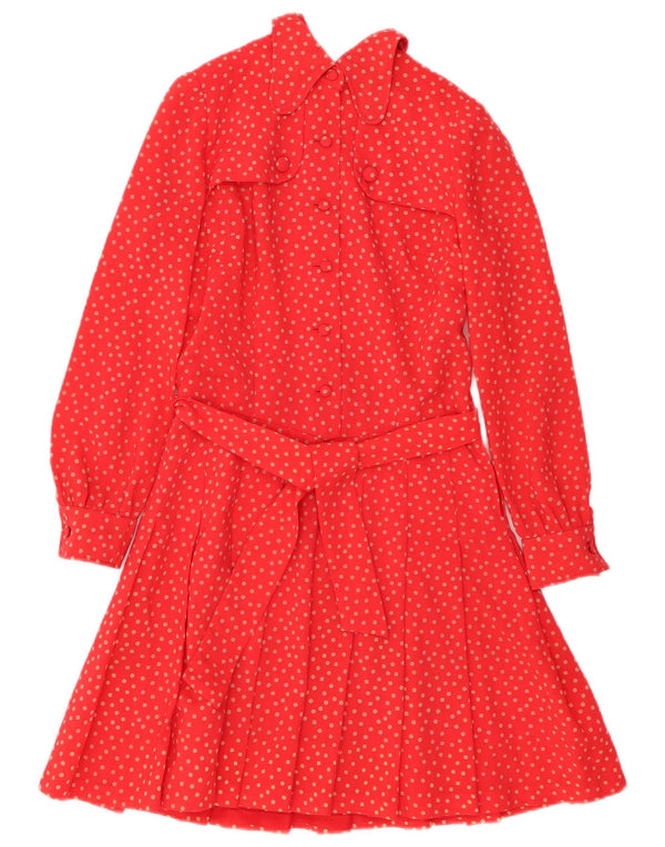 Abito a trapezio a maniche lunghe da donna VINTAGE UK 12 a pois rossi medi