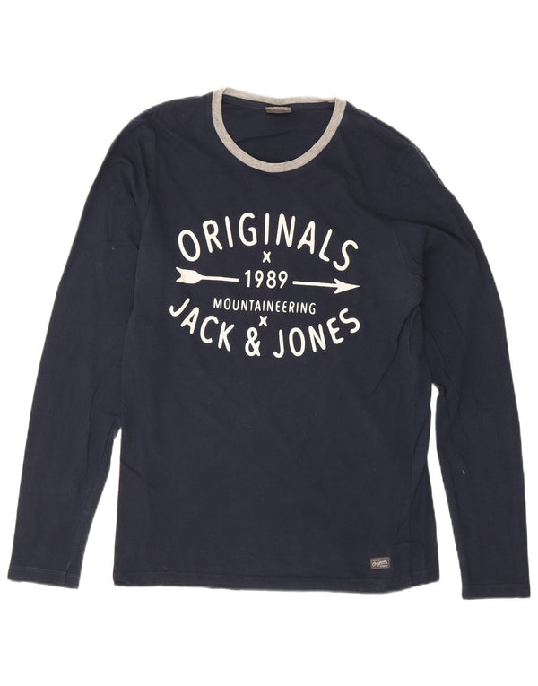 Jack & Jones Mens Graphic Top Long Sleeve Medium Navy Blue Cotton