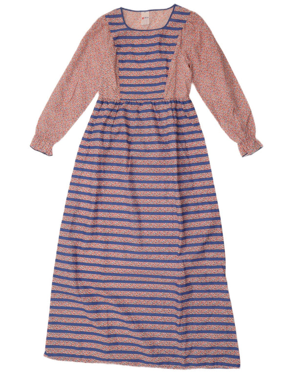Abito maxi a maniche lunghe da donna vintage UK 14 Poliestere a righe blu medio