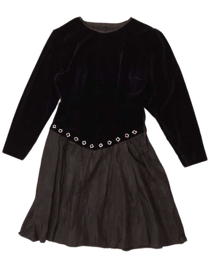 Abito a trapezio a maniche lunghe da donna vintage UK 14 medio nero