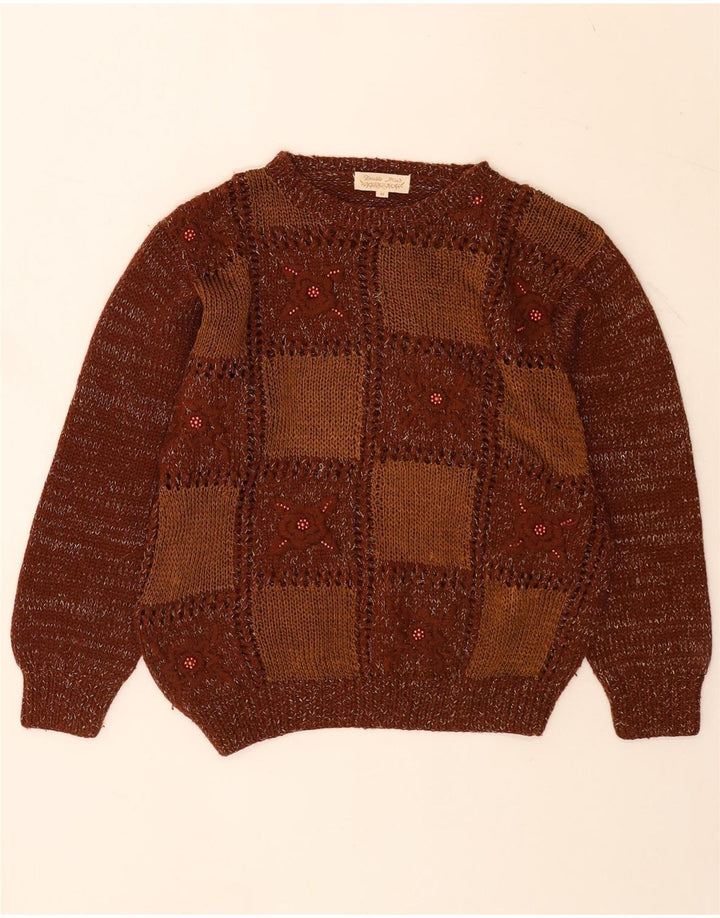 Maglione maglione girocollo da donna vintage UK 14 Patchwork marrone medio